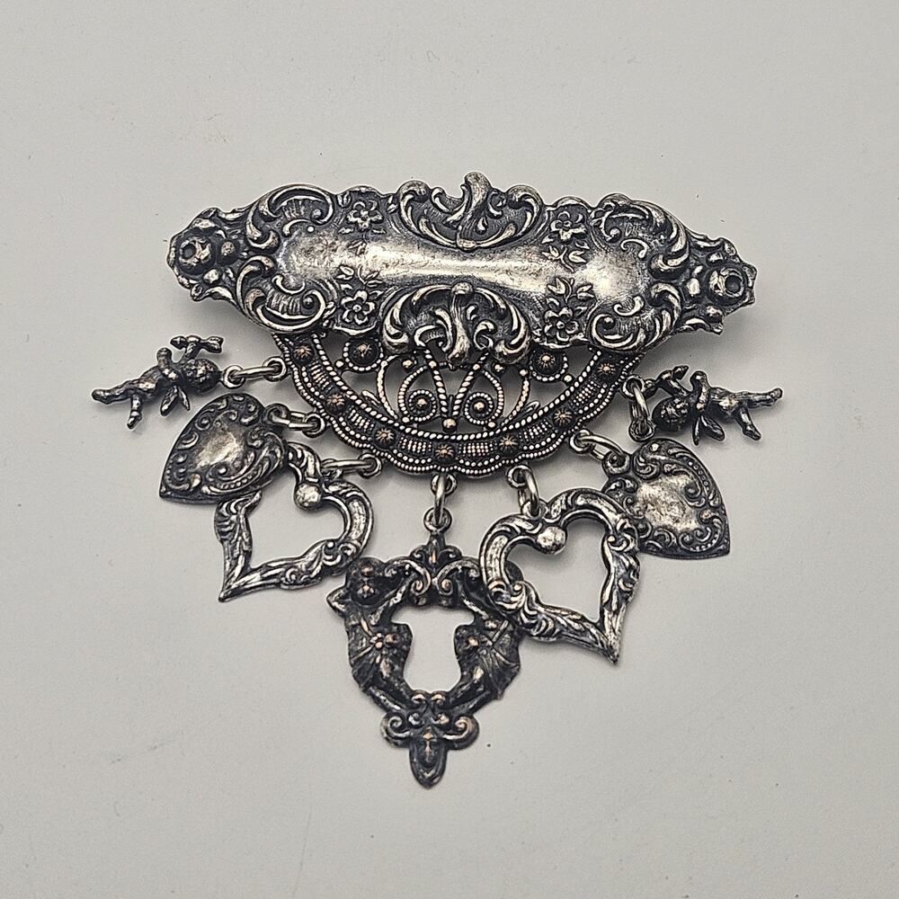 Beautiful Vintage Victorian Style Brooch Pendant Hanging Charms Hearts Angels
